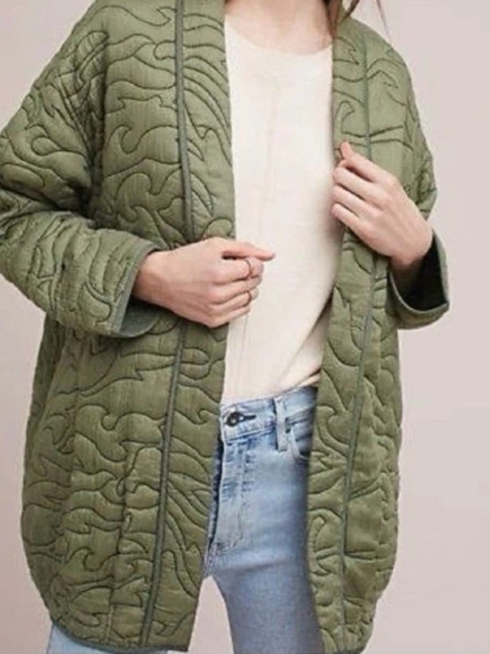 Anthropologie Quilted Kimono Jacket Womens XL House Coat Green Moss Cottagecore
